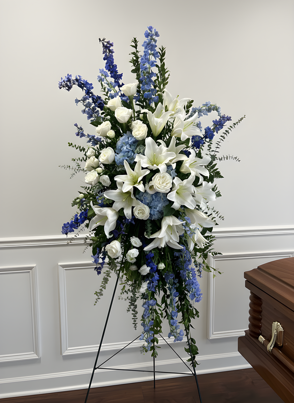 blue and white standing spray