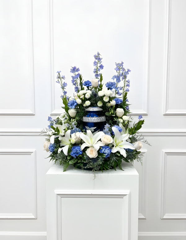 blue and white urn arrangement