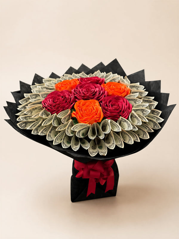 Money bouquet with ribbon roses