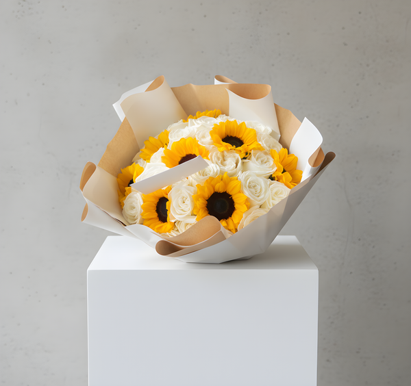 Sunflower and White Rose Bouquet