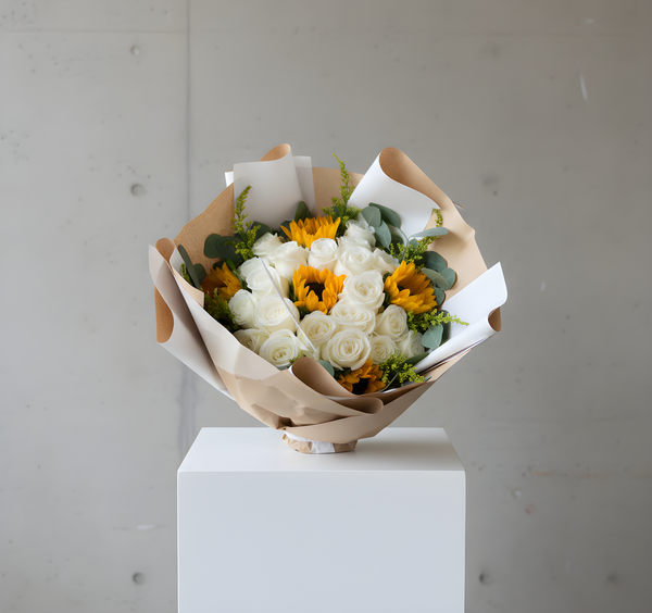 Sunflower and White Rose Bouquet