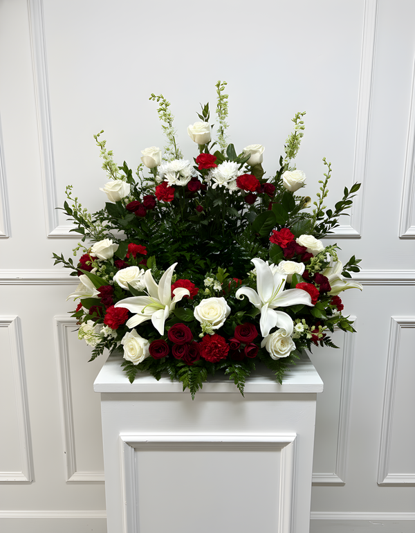 red and white urn arrangement
