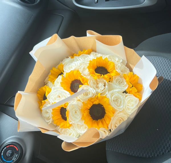 Sunflower and White Rose Bouquet